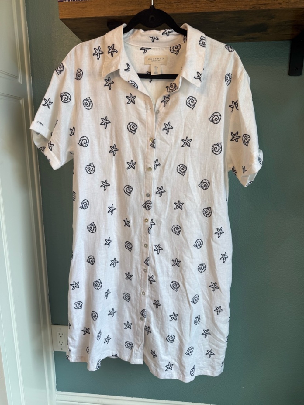 Calypso St. Barth Linen Blend Shirt Dress Coastal Shell Starfish Embroidered Lg